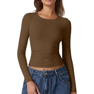 QINSEN Womens Crewneck Long Sleeve Shirt Double Lined Basic Tees Side Ruched Going Out Crop Tops(Brown)