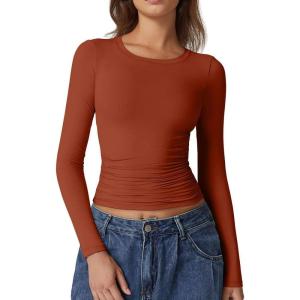 QINSEN Womens Crewneck Long Sleeve Shirt Double Lined Basic Tees Side Ruched Going Out Crop Tops(Cherry Tomato)