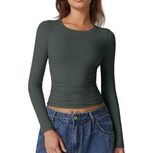 QINSEN Womens Crewneck Long Sleeve Shirt Double Lined Basic Tees Side Ruched Going Out Crop Tops(Dark Green)