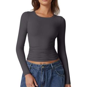 QINSEN Womens Crewneck Long Sleeve Shirt Double Lined Basic Tees Side Ruched Going Out Crop Tops(Dark Grey)