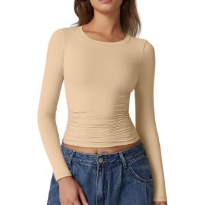QINSEN Womens Crewneck Long Sleeve Shirt Double Lined Basic Tees Side Ruched Going Out Crop Tops(Dude)