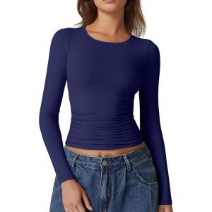 QINSEN Womens Crewneck Long Sleeve Shirt Double Lined Basic Tees Side Ruched Going Out Crop Tops(Estate Blue)