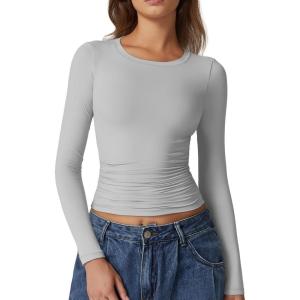 QINSEN Womens Crewneck Long Sleeve Shirt Double Lined Basic Tees Side Ruched Going Out Crop Tops(Light Grey)