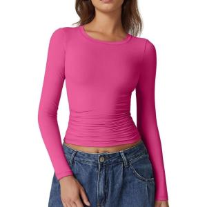 QINSEN Womens Crewneck Long Sleeve Shirt Double Lined Basic Tees Side Ruched Going Out Crop Tops(Magenta)