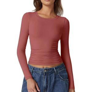 QINSEN Womens Crewneck Long Sleeve Shirt Double Lined Basic Tees Side Ruched Going Out Crop Tops(Merlot)
