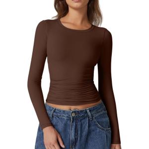 QINSEN Womens Crewneck Long Sleeve Shirt Double Lined Basic Tees Side Ruched Going Out Crop Tops(Mocha)