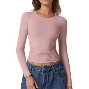 QINSEN Womens Crewneck Long Sleeve Shirt Double Lined Basic Tees Side Ruched Going Out Crop Tops(Pink)