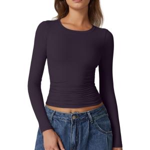 QINSEN Womens Crewneck Long Sleeve Shirt Double Lined Basic Tees Side Ruched Going Out Crop Tops(Prune Purple)