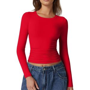 QINSEN Womens Crewneck Long Sleeve Shirt Double Lined Basic Tees Side Ruched Going Out Crop Tops(Red)