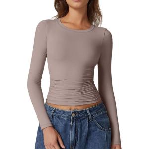 QINSEN Womens Crewneck Long Sleeve Shirt Double Lined Basic Tees Side Ruched Going Out Crop Tops(Rose Taupe)