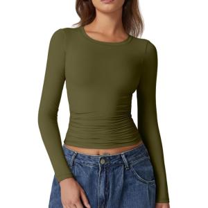 QINSEN Womens Crewneck Long Sleeve Shirt Double Lined Basic Tees Side Ruched Going Out Crop Tops(Sagebrush Green)
