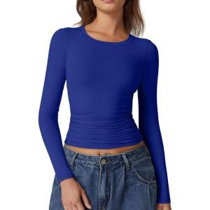 QINSEN Womens Crewneck Long Sleeve Shirt Double Lined Basic Tees Side Ruched Going Out Crop Tops(Sapphire Blue)