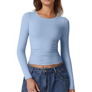 QINSEN Womens Crewneck Long Sleeve Shirt Double Lined Basic Tees Side Ruched Going Out Crop Tops(Sky Blue)