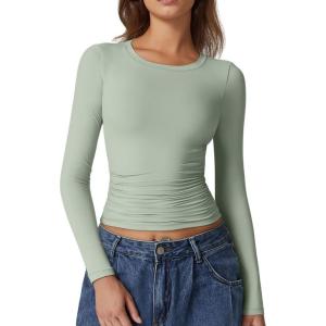 QINSEN Womens Crewneck Long Sleeve Shirt Double Lined Basic Tees Side Ruched Going Out Crop Tops(Smoke Green)