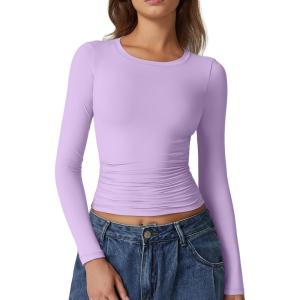 QINSEN Womens Crewneck Long Sleeve Shirt Double Lined Basic Tees Side Ruched Going Out Crop Tops(Violet)