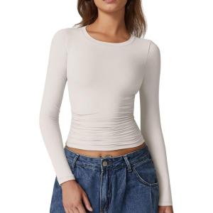 QINSEN Womens Crewneck Long Sleeve Shirt Double Lined Basic Tees Side Ruched Going Out Crop Tops(White)