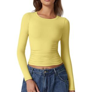 QINSEN Womens Crewneck Long Sleeve Shirt Double Lined Basic Tees Side Ruched Going Out Crop Tops(Yellow)