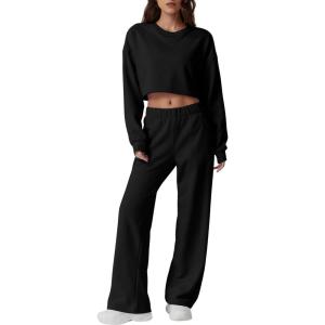 QINSEN Womens Crewneck Open Back Long Sleeve Crop Sweatsuit Elastic Waist Long Pants 2PCS Outfit Sets Loungewear(Black)