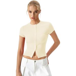 QINSEN Women’s Crewneck Short Sleeve T Shirts Ribbed Button Going Out Trendy Tops(Beige)