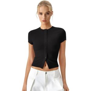 QINSEN Women’s Crewneck Short Sleeve T Shirts Ribbed Button Going Out Trendy Tops(Black)