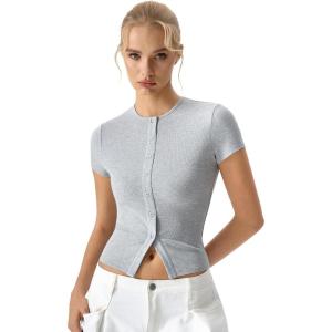 QINSEN Women’s Crewneck Short Sleeve T Shirts Ribbed Button Going Out Trendy Tops(Grey)
