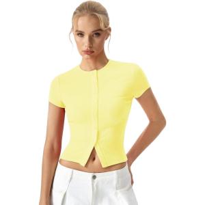 QINSEN Women’s Crewneck Short Sleeve T Shirts Ribbed Button Going Out Trendy Tops(Light Yellow)