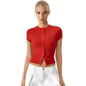 QINSEN Women’s Crewneck Short Sleeve T Shirts Ribbed Button Going Out Trendy Tops(Red)