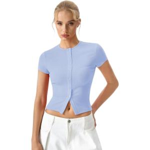 QINSEN Women’s Crewneck Short Sleeve T Shirts Ribbed Button Going Out Trendy Tops(Sky Blue)