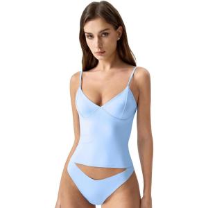 QINSEN Womens Double Lined Tank Tops V Neck Seamed Cup Adjustable Spaghetti Straps Bodycon Camisole Shirts(Light Blue)