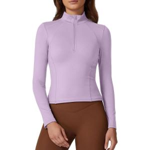 QINSEN Womens Half Zip Long Sleeve Shirts Double Lined Workout Tees Fitted Athletic Crop Tops