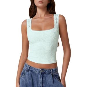QINSEN Women’s Lace Trim Square Neck Sleeveless Double-Layer Tank Top(Airy Blue)