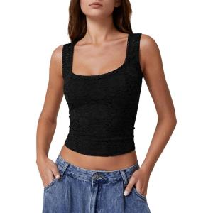 QINSEN Women’s Lace Trim Square Neck Sleeveless Double-Layer Tank Top(Black)