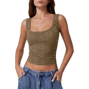 QINSEN Women’s Lace Trim Square Neck Sleeveless Double-Layer Tank Top(Brown)