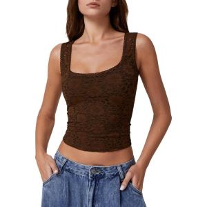 QINSEN Women’s Lace Trim Square Neck Sleeveless Double-Layer Tank Top(Chestnut)
