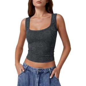 QINSEN Women’s Lace Trim Square Neck Sleeveless Double-Layer Tank Top(Dark Grey)