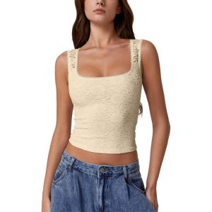 QINSEN Women’s Lace Trim Square Neck Sleeveless Double-Layer Tank Top(Khaki)