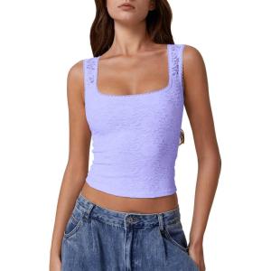 QINSEN Women’s Lace Trim Square Neck Sleeveless Double-Layer Tank Top(Light Purple)