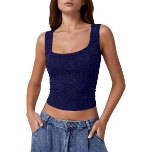 QINSEN Women’s Lace Trim Square Neck Sleeveless Double-Layer Tank Top(Navy)