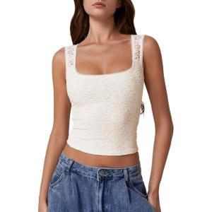 QINSEN Women’s Lace Trim Square Neck Sleeveless Double-Layer Tank Top(Off-white)