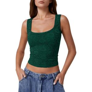 QINSEN Women’s Lace Trim Square Neck Sleeveless Double-Layer Tank Top(Pine Green)