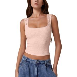 QINSEN Women’s Lace Trim Square Neck Sleeveless Double-Layer Tank Top(Pink)