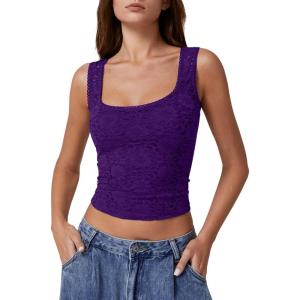 QINSEN Women’s Lace Trim Square Neck Sleeveless Double-Layer Tank Top(Purple)