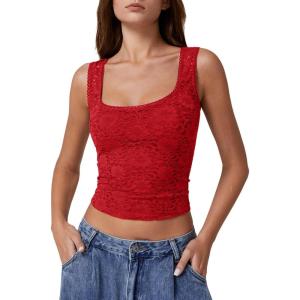 QINSEN Women’s Lace Trim Square Neck Sleeveless Double-Layer Tank Top(Red)