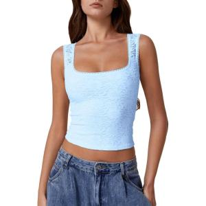 QINSEN Women’s Lace Trim Square Neck Sleeveless Double-Layer Tank Top(Sky Blue)