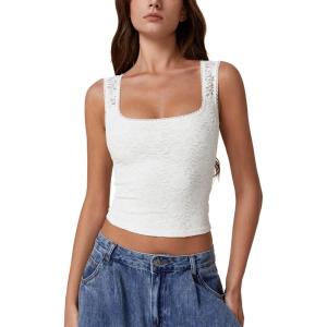 QINSEN Women’s Lace Trim Square Neck Sleeveless Double-Layer Tank Top(White)