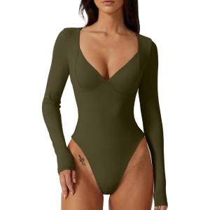 QINSEN Women’s Long Sleeve Bodysuit V Neck Body Suits Seamed Cup Going Out Tops Shirt(Army Green)