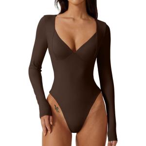 QINSEN Women’s Long Sleeve Bodysuit V Neck Body Suits Seamed Cup Going Out Tops Shirt(Coffee Bean)