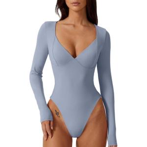 QINSEN Women’s Long Sleeve Bodysuit V Neck Body Suits Seamed Cup Going Out Tops Shirt(County Blue)