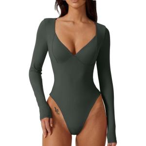 QINSEN Women’s Long Sleeve Bodysuit V Neck Body Suits Seamed Cup Going Out Tops Shirt(Dark Green)
