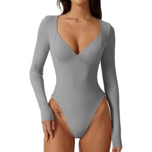 QINSEN Women’s Long Sleeve Bodysuit V Neck Body Suits Seamed Cup Going Out Tops Shirt(Dark Grey)